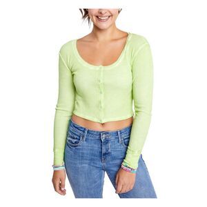 SUNDOWN BY SPLENDID Womens Crop Top Green Thermal Snap Down Front Trim Juniors L